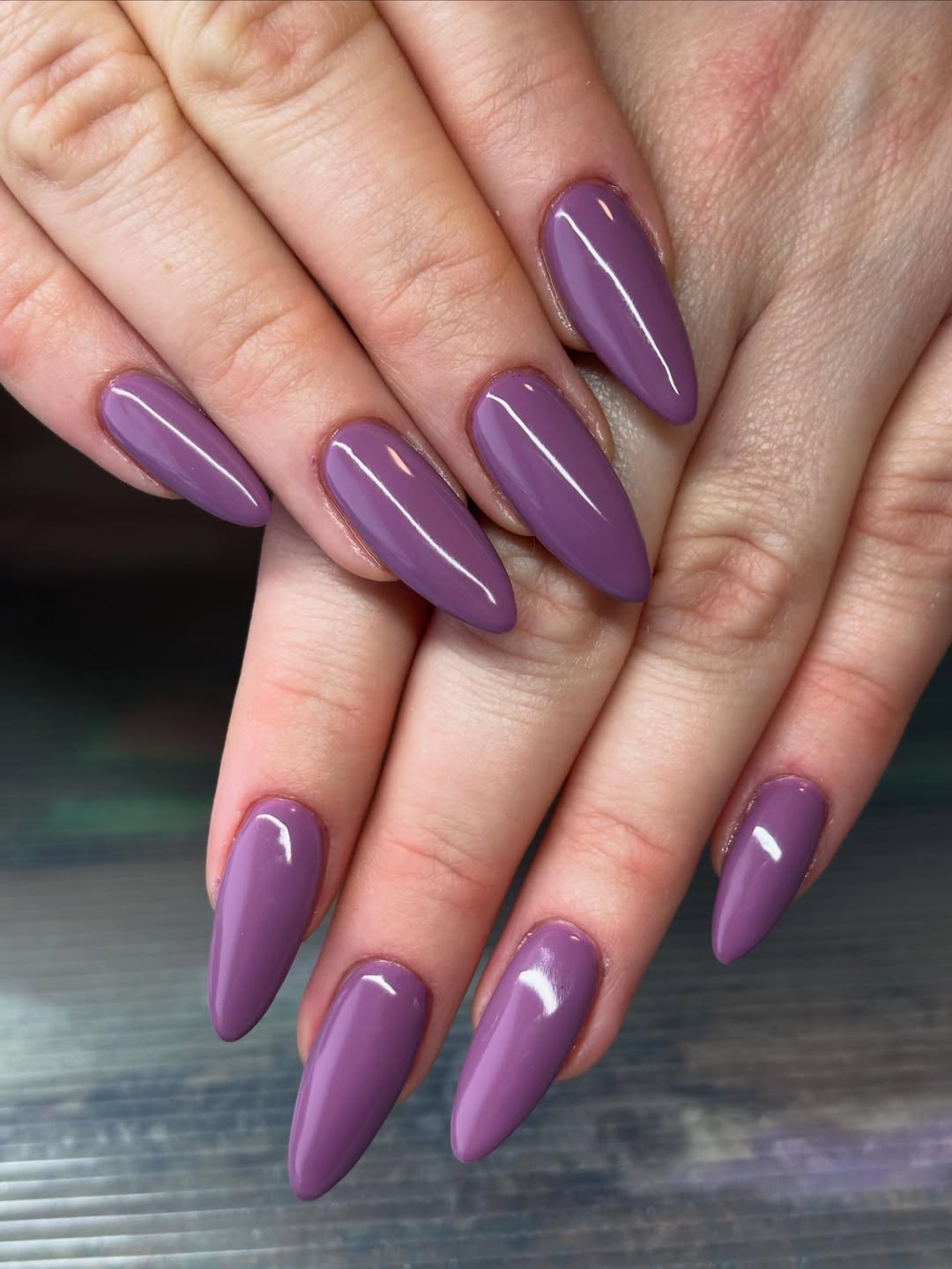 Glossy Lavender Orchid Stiletto Nails