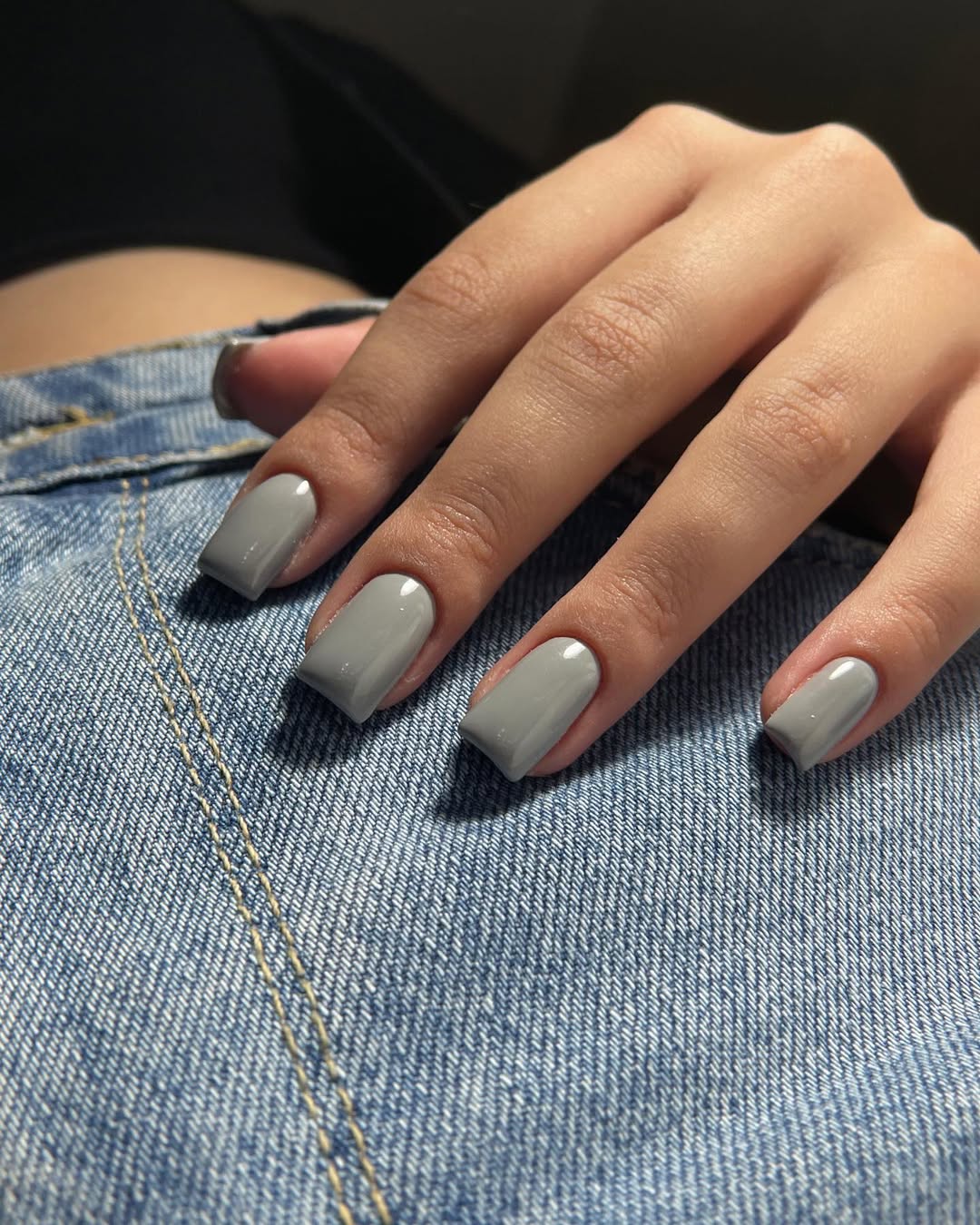 Glossy Light Gray Square Medium Length Nails