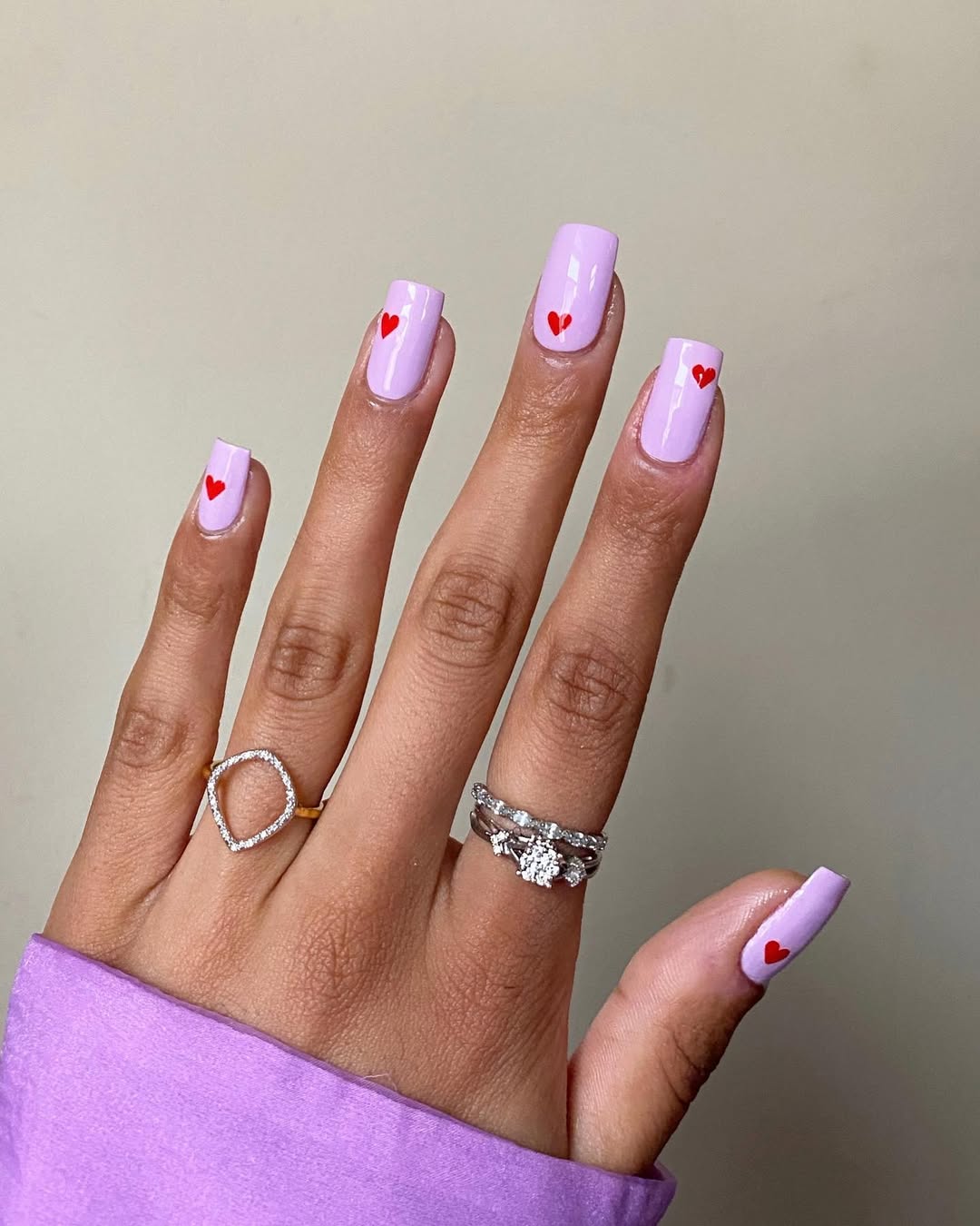 Glossy Lilac Square Nails With Red Hearts