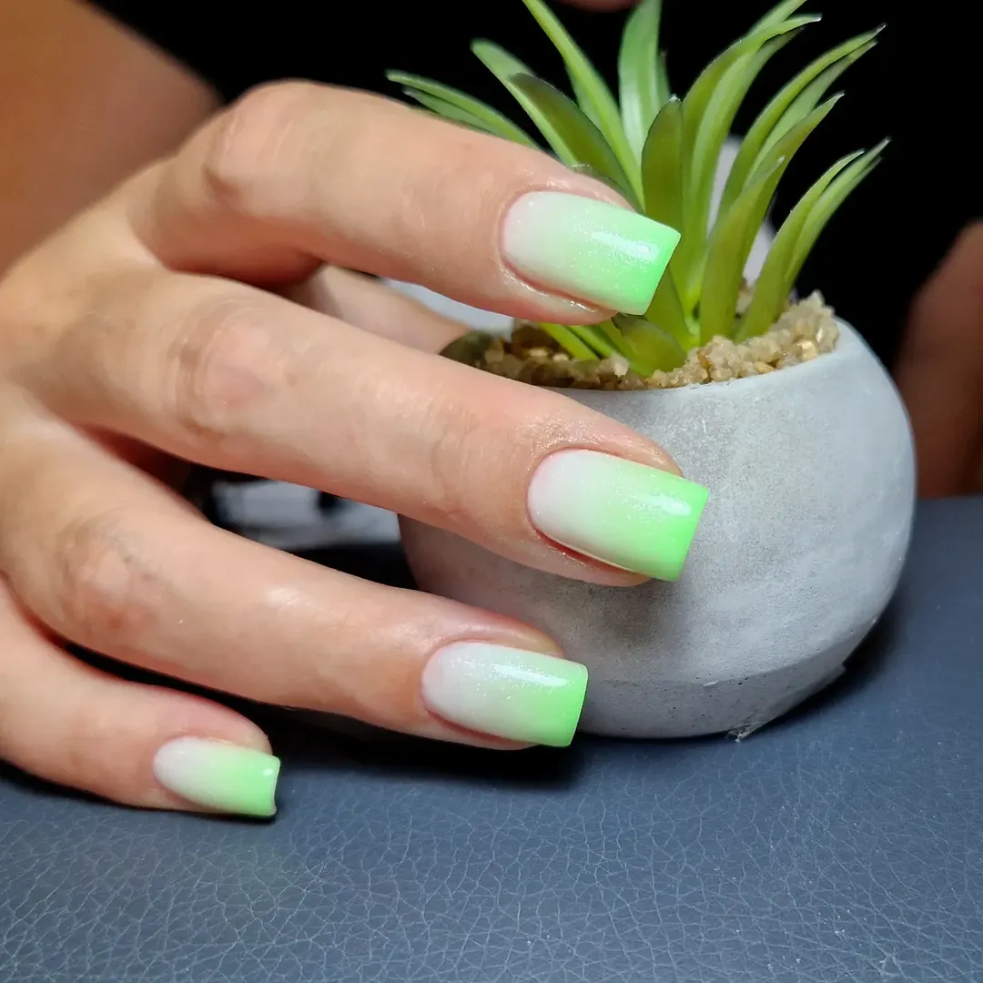 Glossy Lime Green White Ombré Square Nails