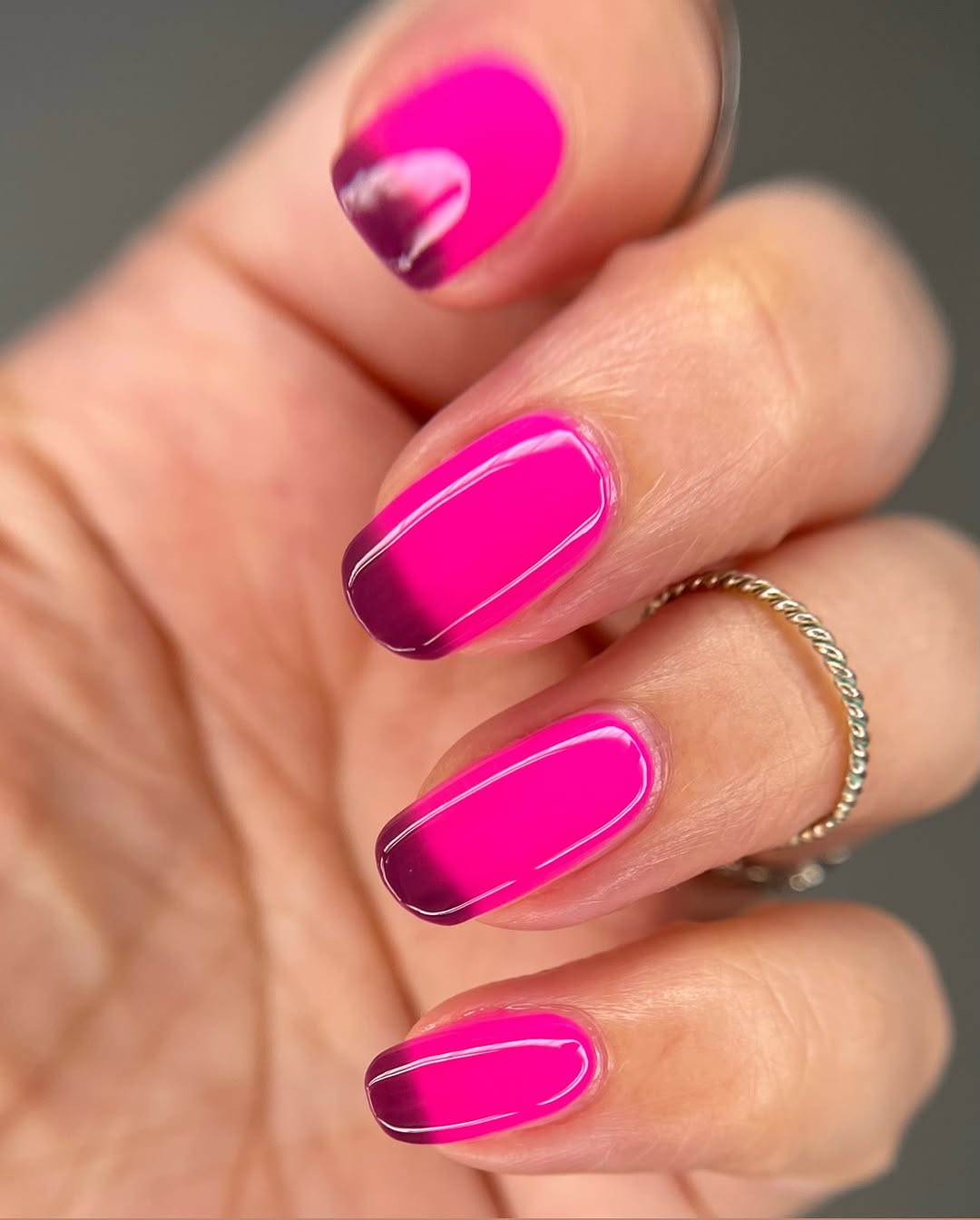 Glossy Magenta and Deep Plum Ombre Short Oval Nails