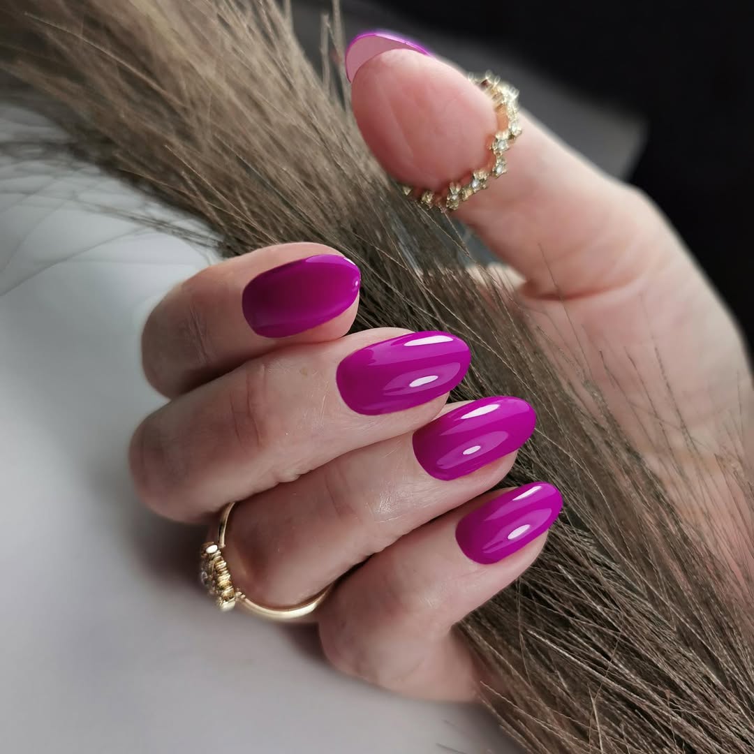 Glossy Magenta Pink Almond Tips French Accent