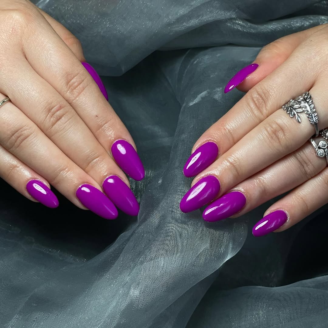Glossy Magenta Solid Color Almond Nails