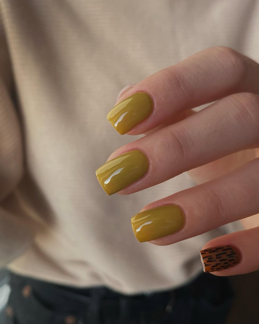 Glossy Mustard Yellow Short Square Nails