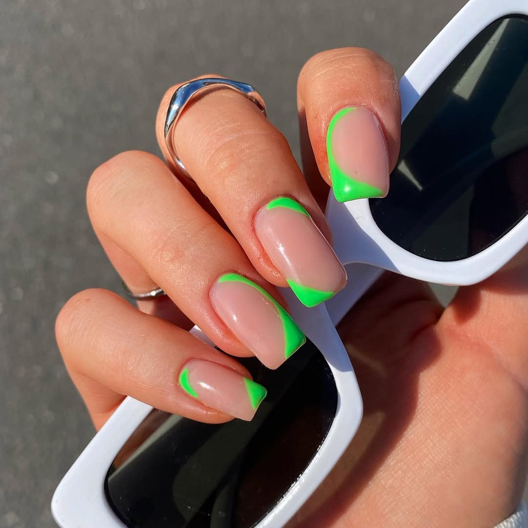 Glossy Neon Green Asymmetric French Tip Squoval Nails