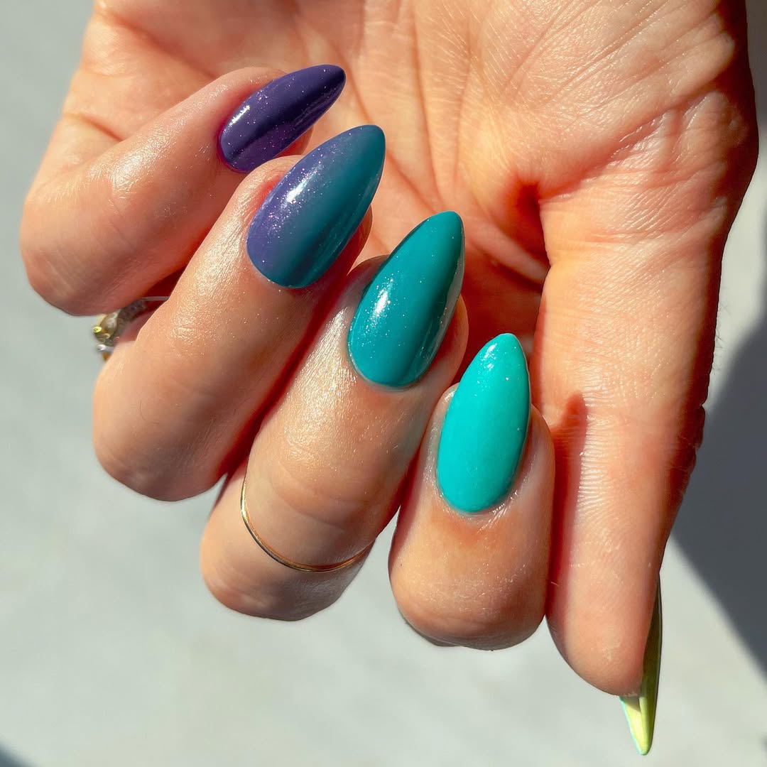 Glossy Ombre Teal to Violet Glitter Almond Nails