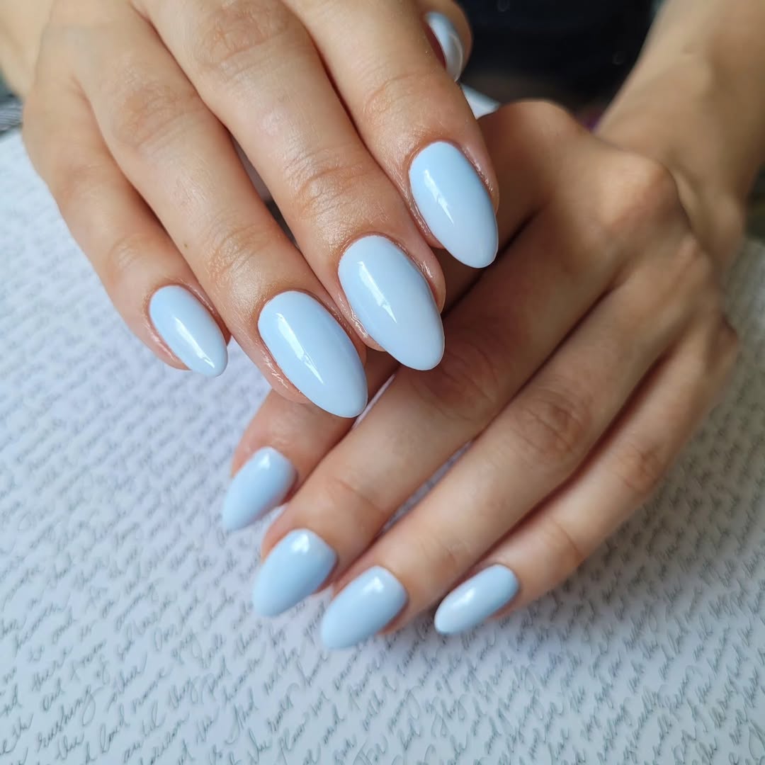 Glossy Pastel Blue Medium Almond Nails