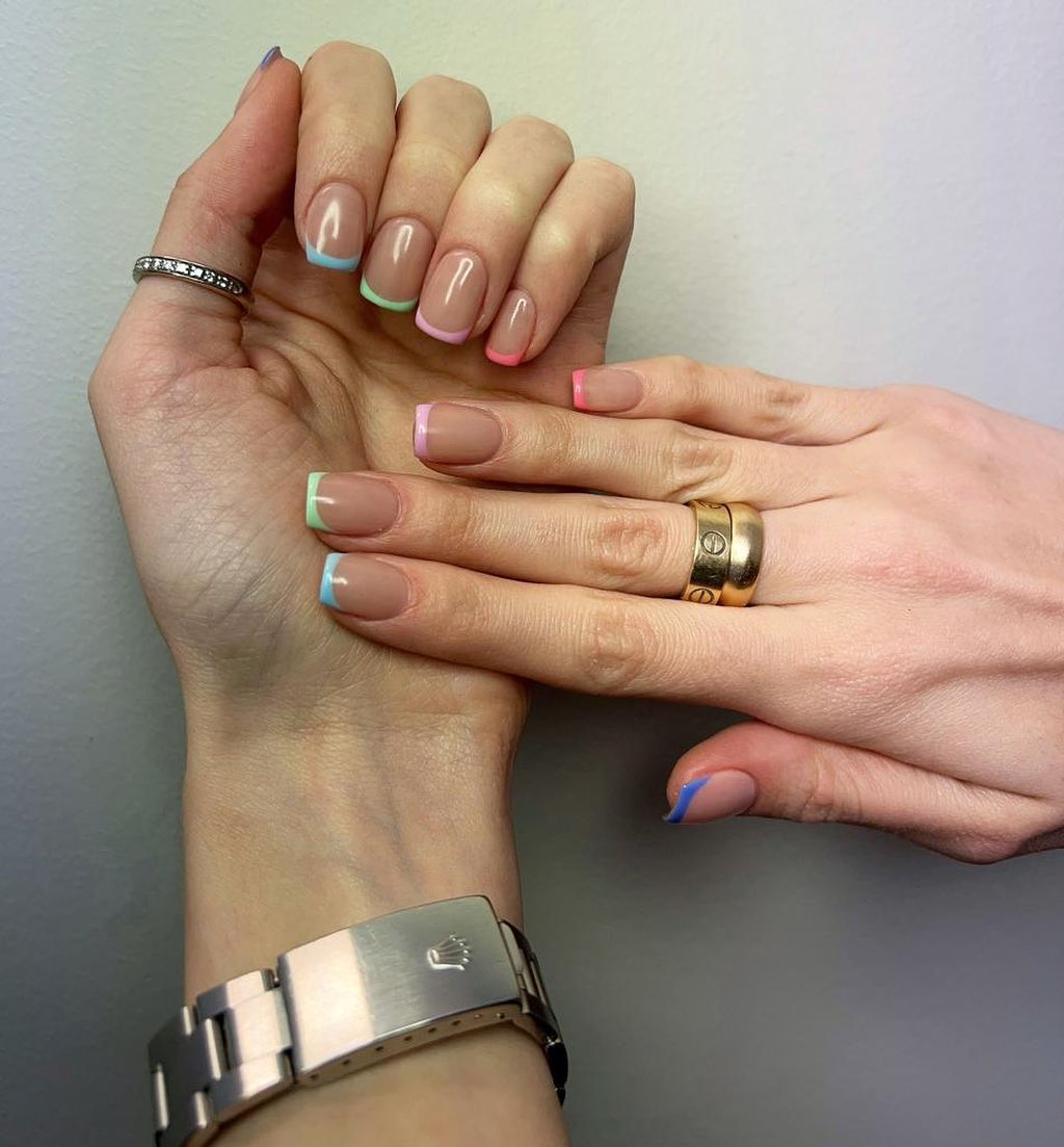 Glossy Pastel Rainbow Micro French Tip Nails