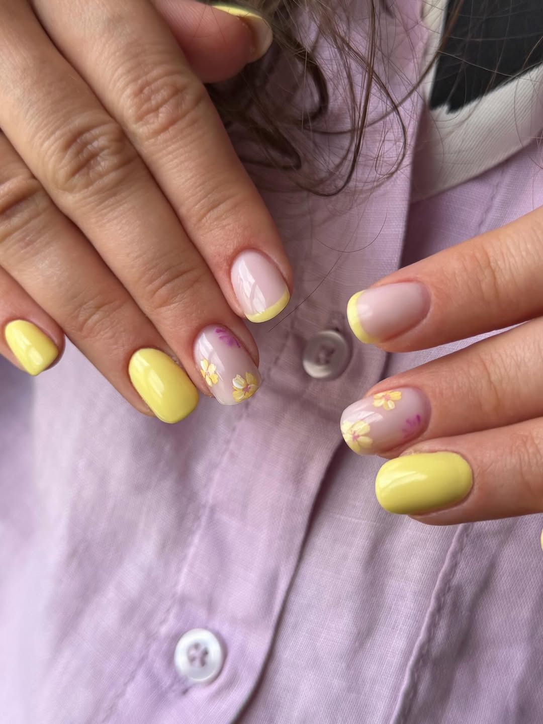 Glossy Pastel Yellow French Tips with Floral Art