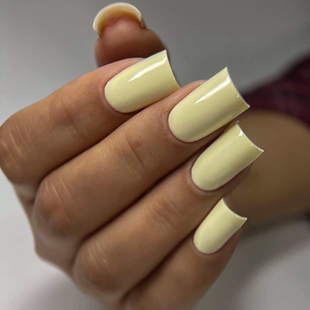 Glossy Pastel Yellow Square Summer Nails