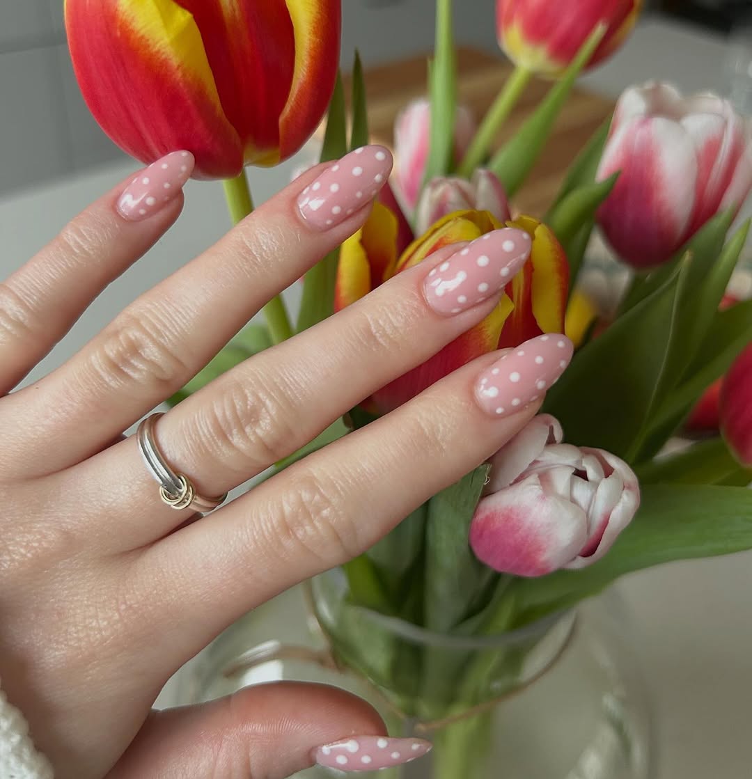 Glossy Pink Polka Dot Almond Nails