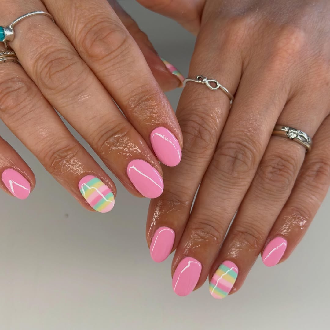 Glossy Pink Rainbow Stripe Oval Nails