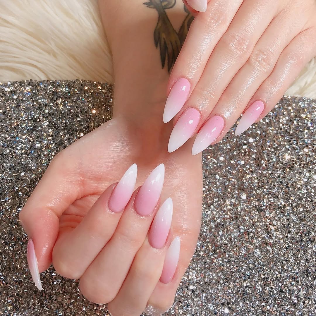 Glossy Pink to White Ombre Stiletto Nails