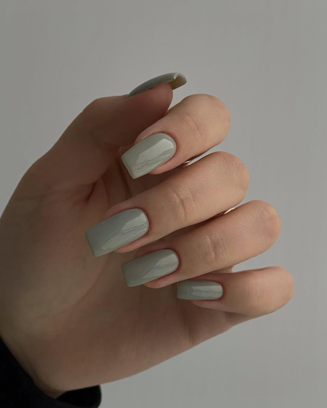 Glossy Sage Green Solid Color Square Nails