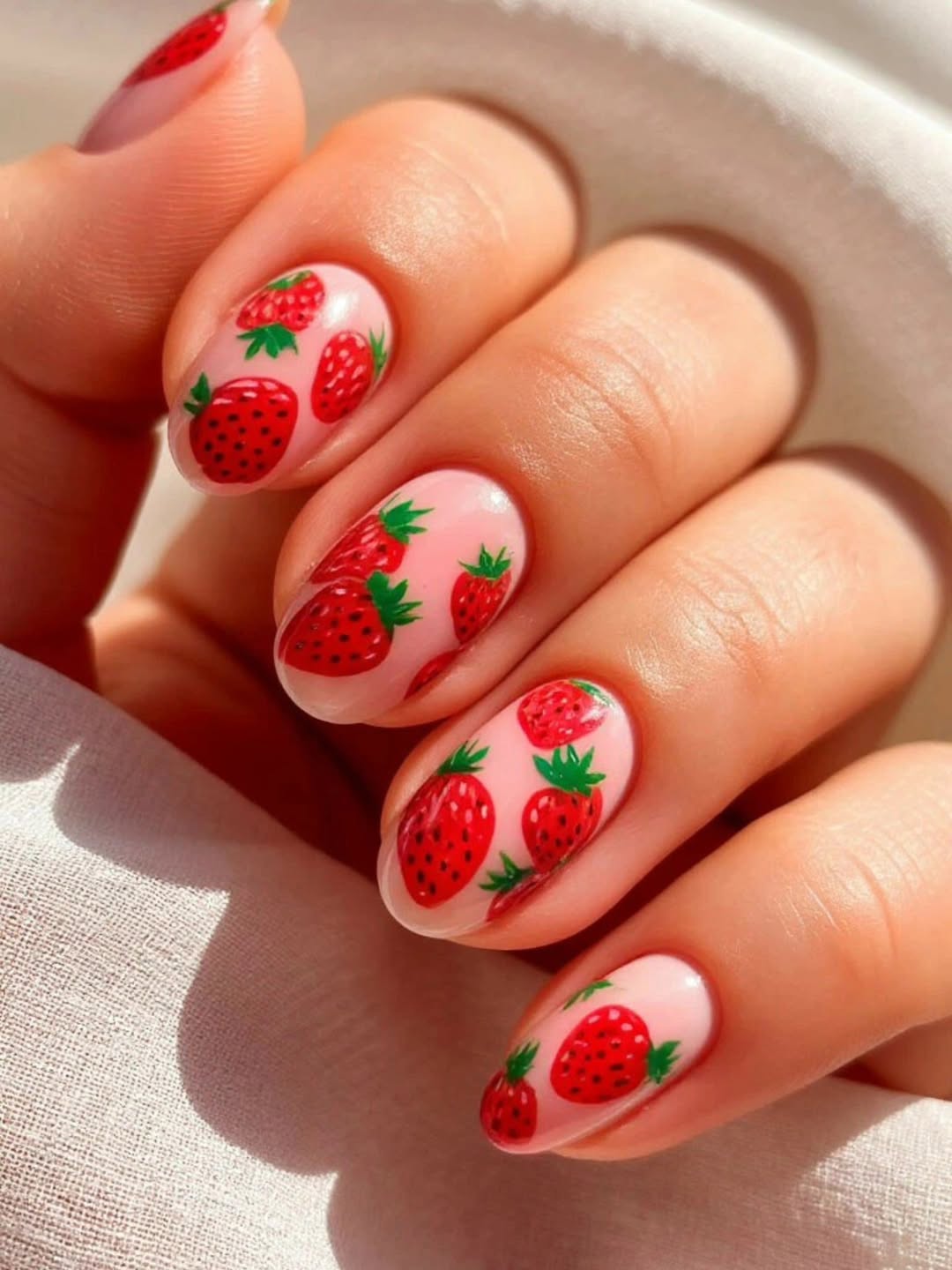 Glossy Strawberry Delight Oval Nails