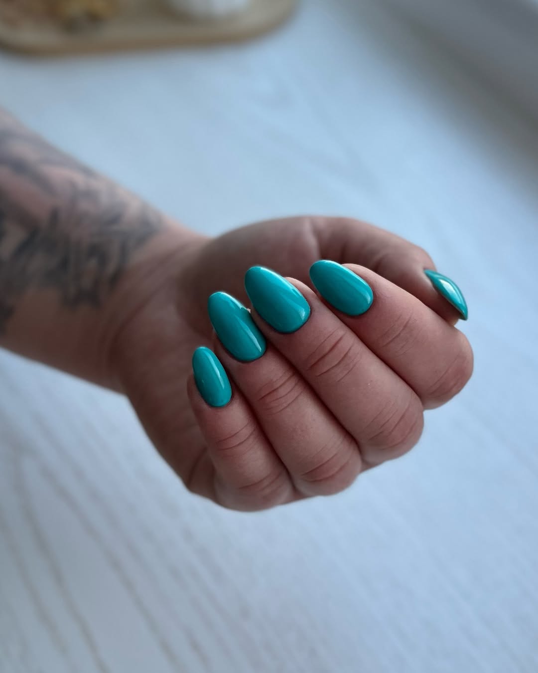 Glossy Teal Almond Summer Nails