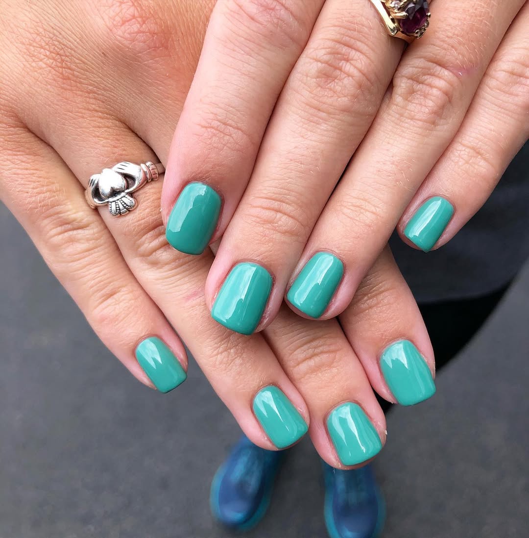Glossy Teal Green Short Rounded Square Nails