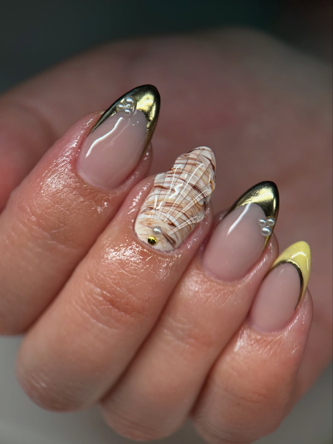 Gold French Tip Shell Nails with 3D Accents