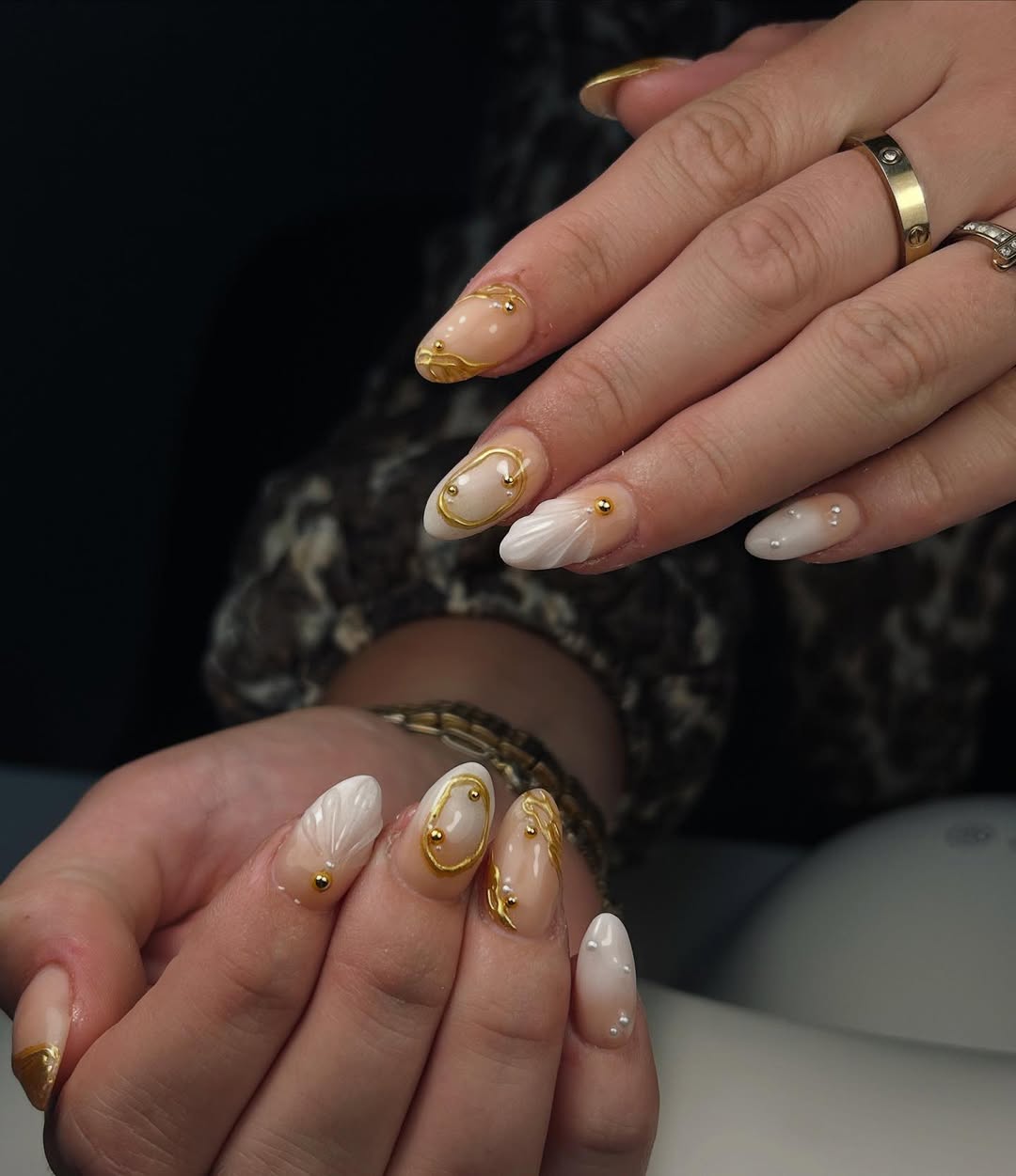 Gold Swirls and 3D White Pearl Accents on Nude Almond Nails