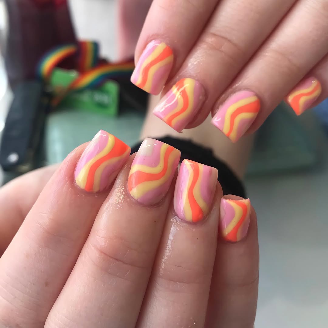 Groovy Pink Orange Yellow Swirl Short Squoval Nails