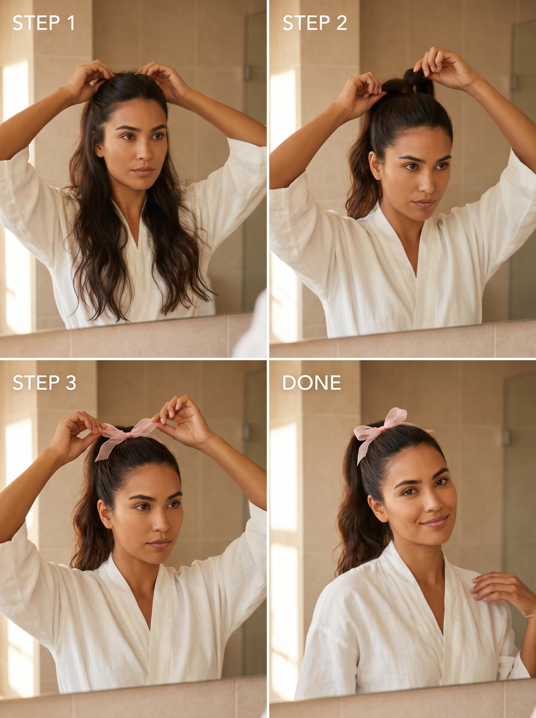 Feminine bow-tied ponytail, ideal as a hairstyle for hot weather 2026. This romantic style features a pastel or floral ribbon.