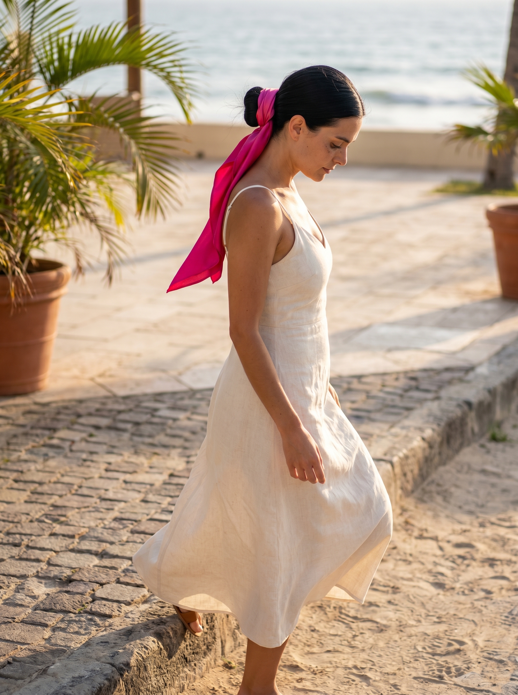 Elegant Capri Chignon with a vibrant silk scarf, a chic option for hairstyles for hot weather 2026. Perfect for vacation.