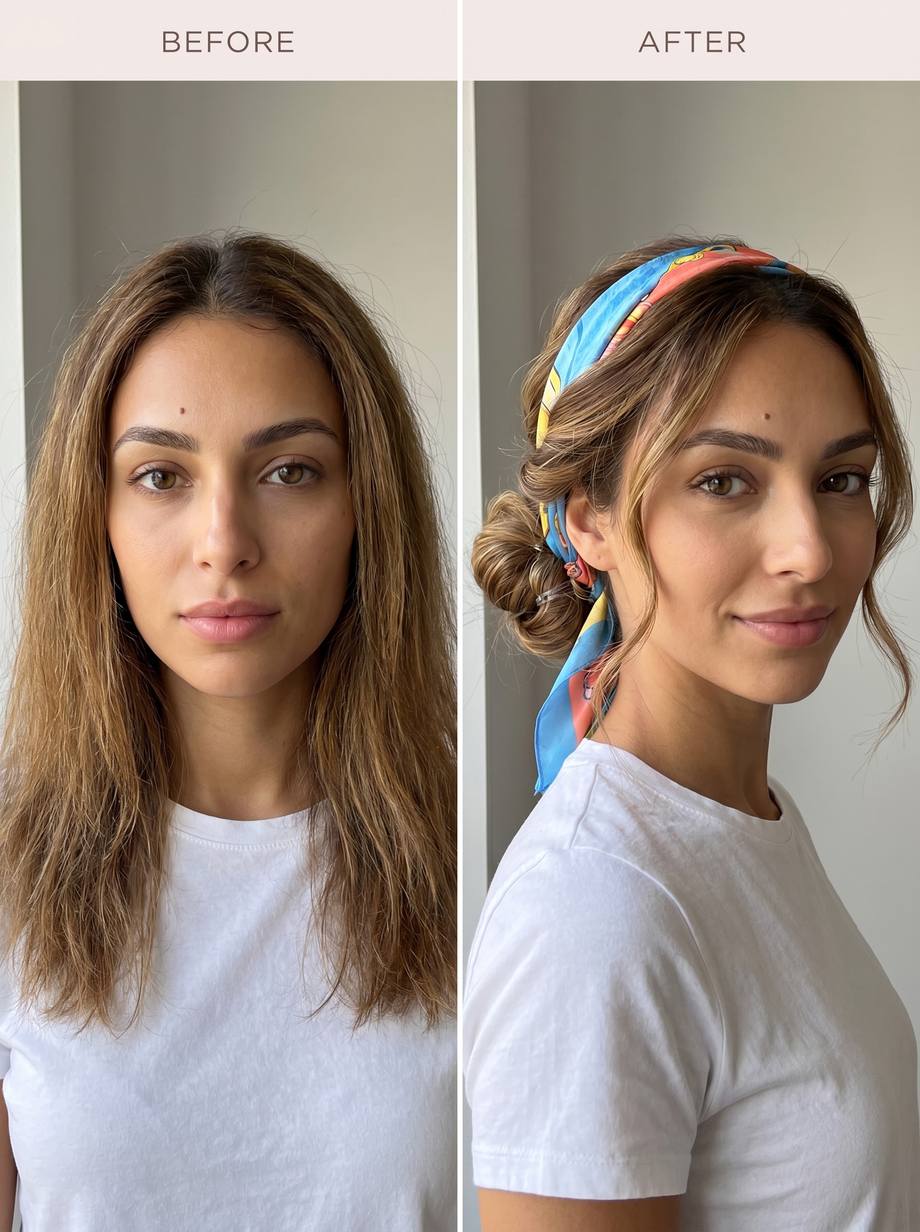 An effortless Mediterranean silk scarf updo, featuring a vibrant scarf wrapped around the hair, perfect for beach resort. Discover chic hairstyles for hot weather 2026.