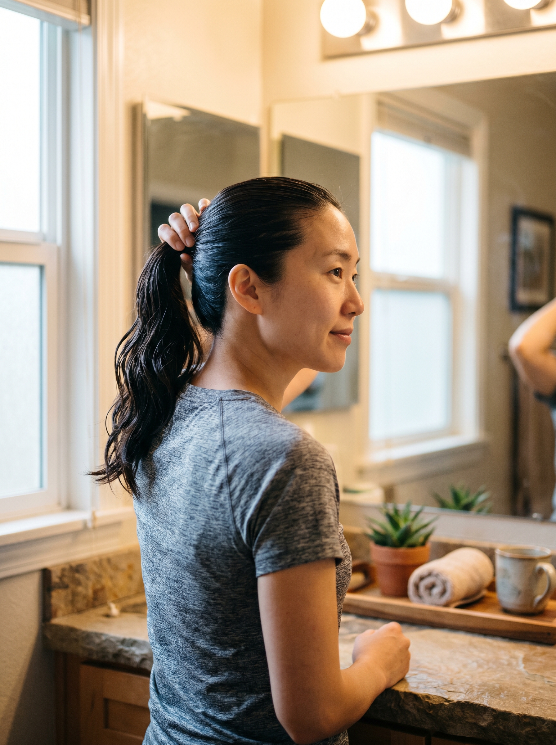 A sleek slick-back performance ponytail, featuring high-shine gel and a strong elastic, suitable for sport or work. Discover modern hairstyles for hot weather 2026.