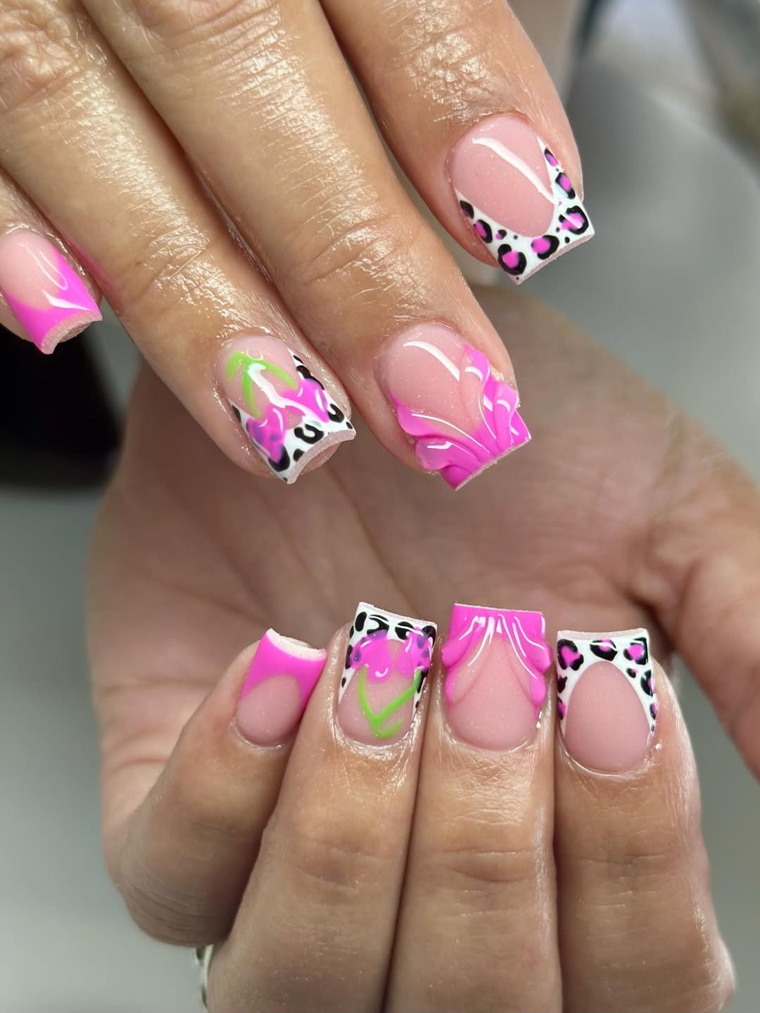 Hot Pink 3D Bow Leopard Print French Tips