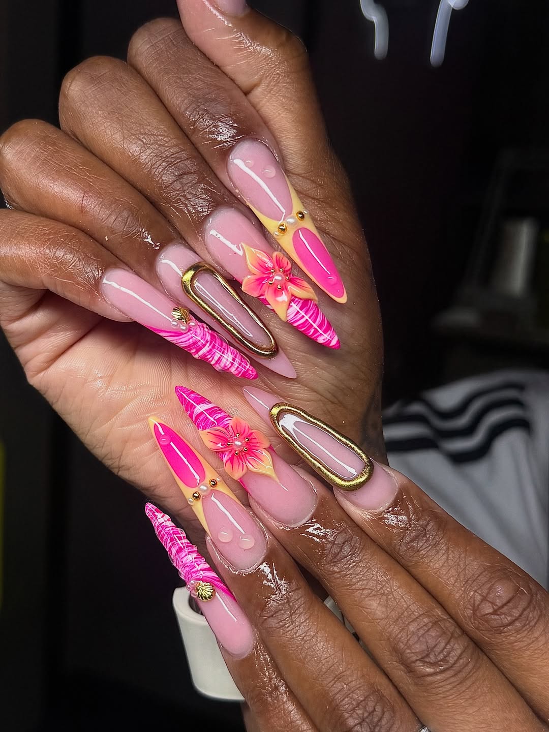 Hot Pink 3D Floral Ombré Stiletto Vacation Nails