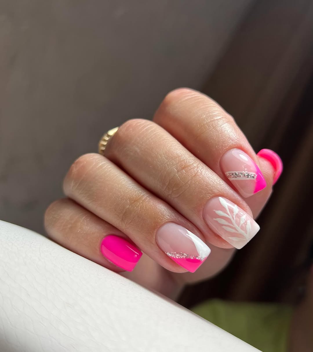 Hot Pink Accented French Tips With Leaf Art