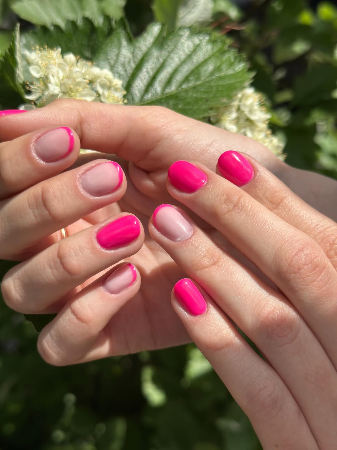 Hot Pink Accented Reverse French Jelly Glossy Nails