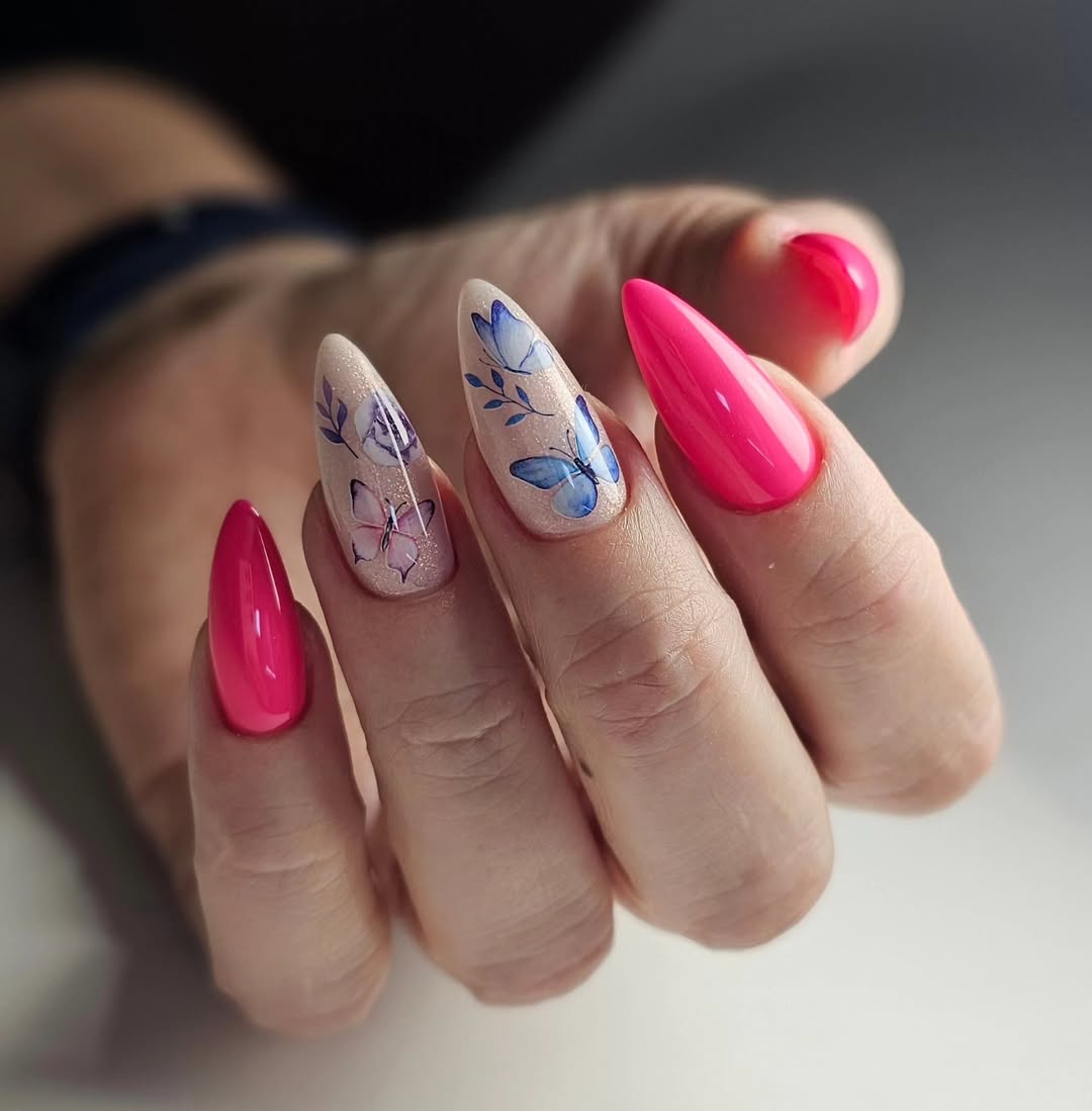 Hot Pink Almond Nails With Butterfly Sparkle Accents