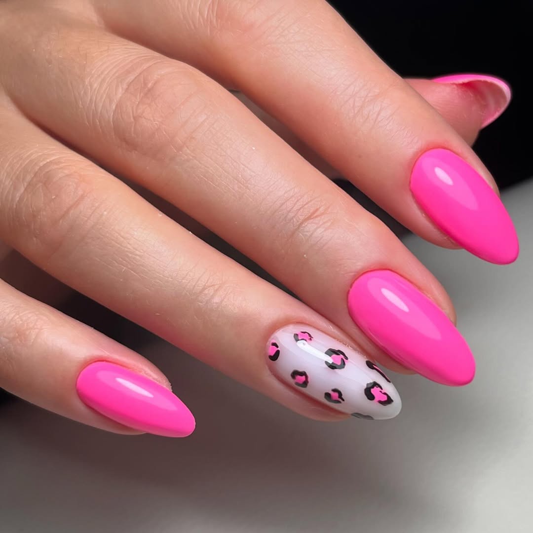 Hot Pink Almond Nails With Leopard Accent