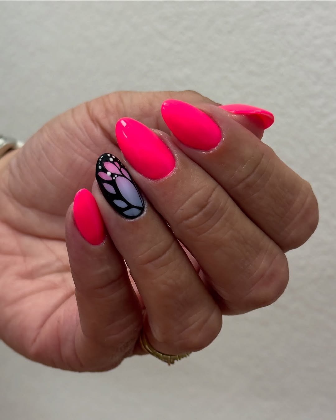 Hot Pink Almond Neon Butterfly Accent Nails