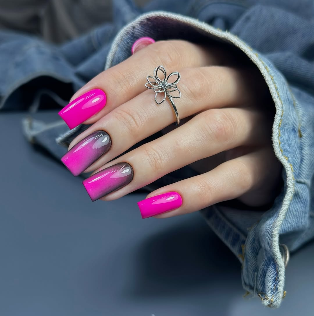Hot Pink and Black Cat Eye Ombre Nails