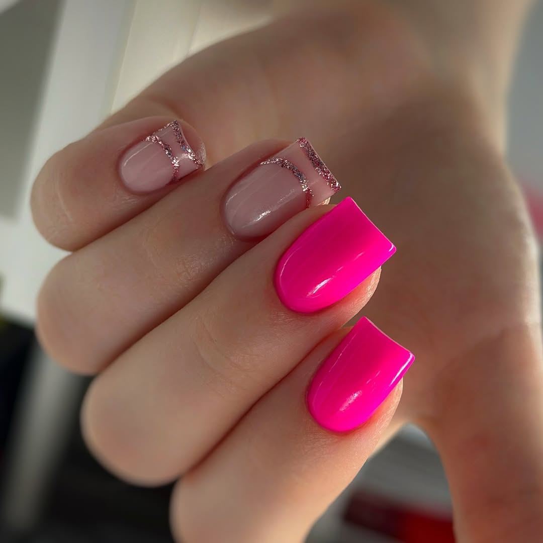 Hot Pink and Glitter Split French Tip Manicure
