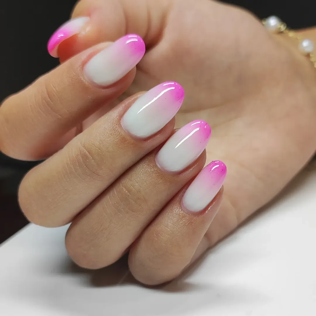 Hot Pink and Milky White Ombre Oval Nails