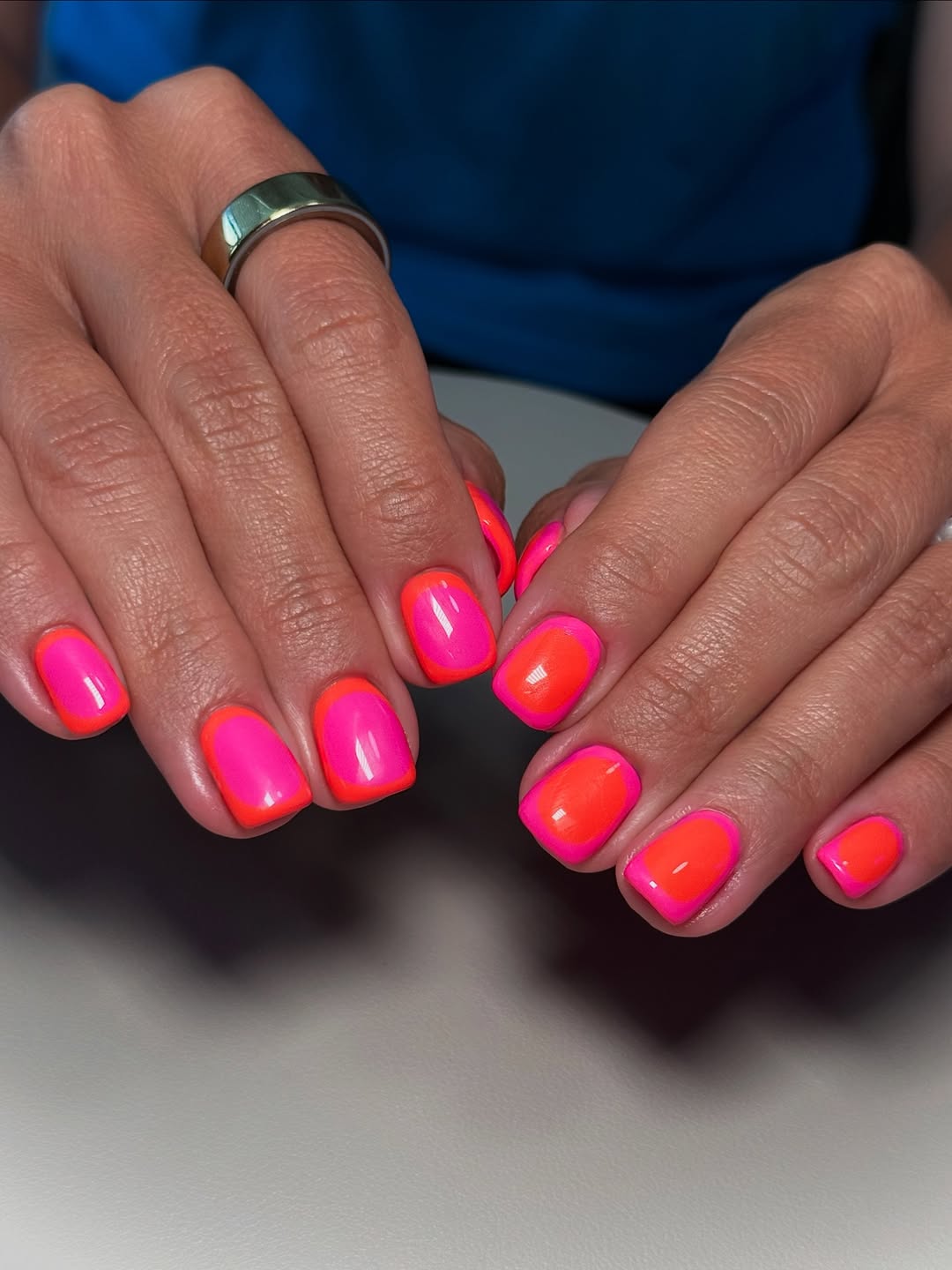 Hot Pink and Neon Orange Reverse French Tips