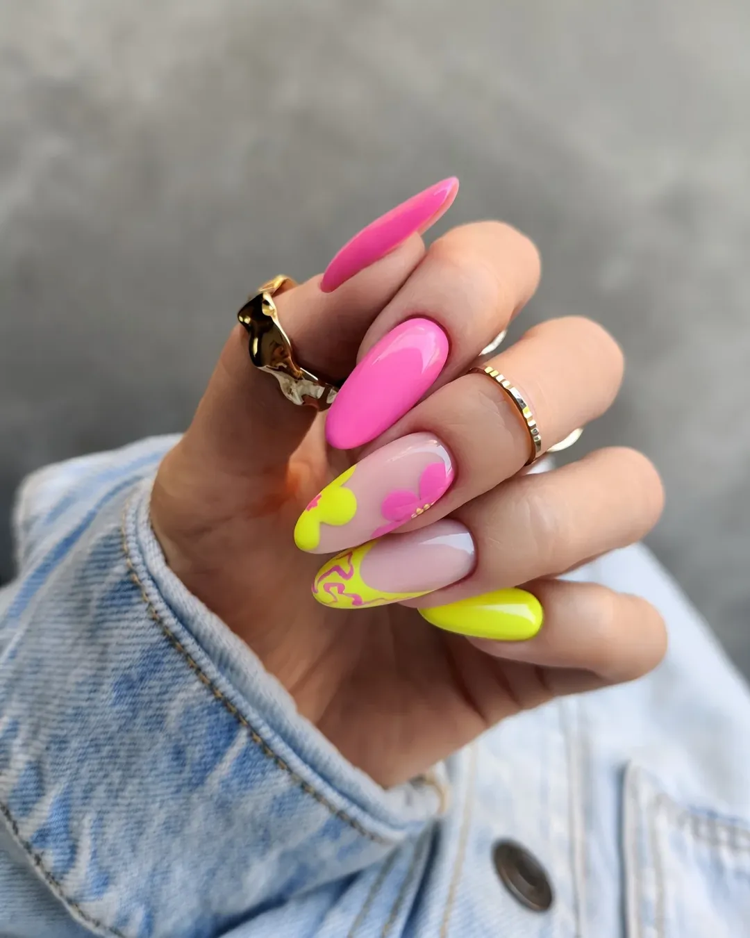 Hot Pink and Neon Yellow Floral Swirl Almond Nails