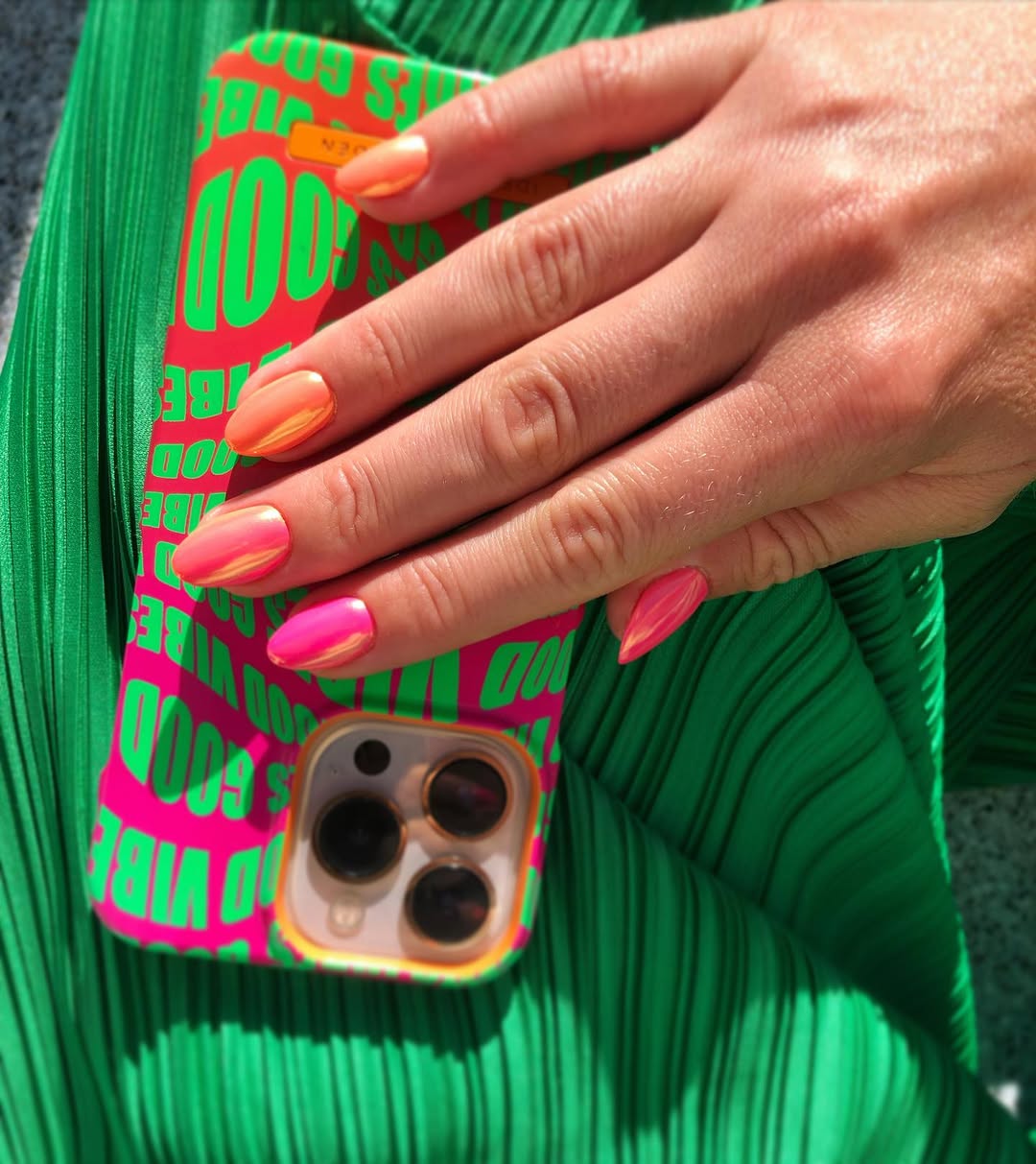 Hot Pink and Orange Chrome Medium Almond Nails