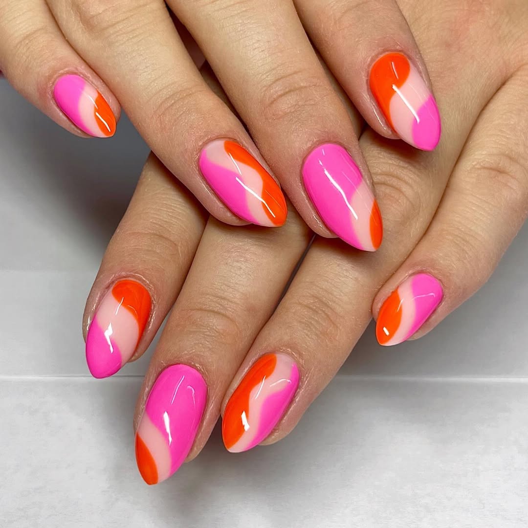 Hot Pink and Orange Glossy Swirl Nails