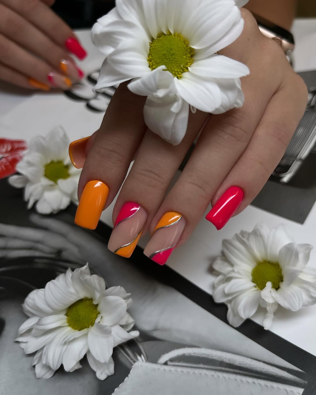 Hot Pink and Orange Swirl Design Square Nails