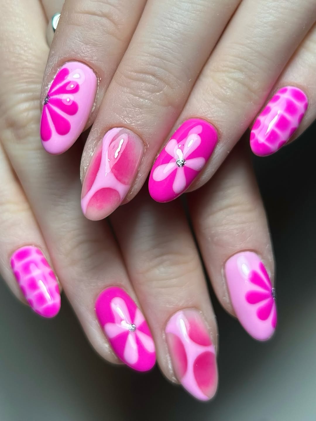 Hot Pink and Pastel Swirl Flower Nails