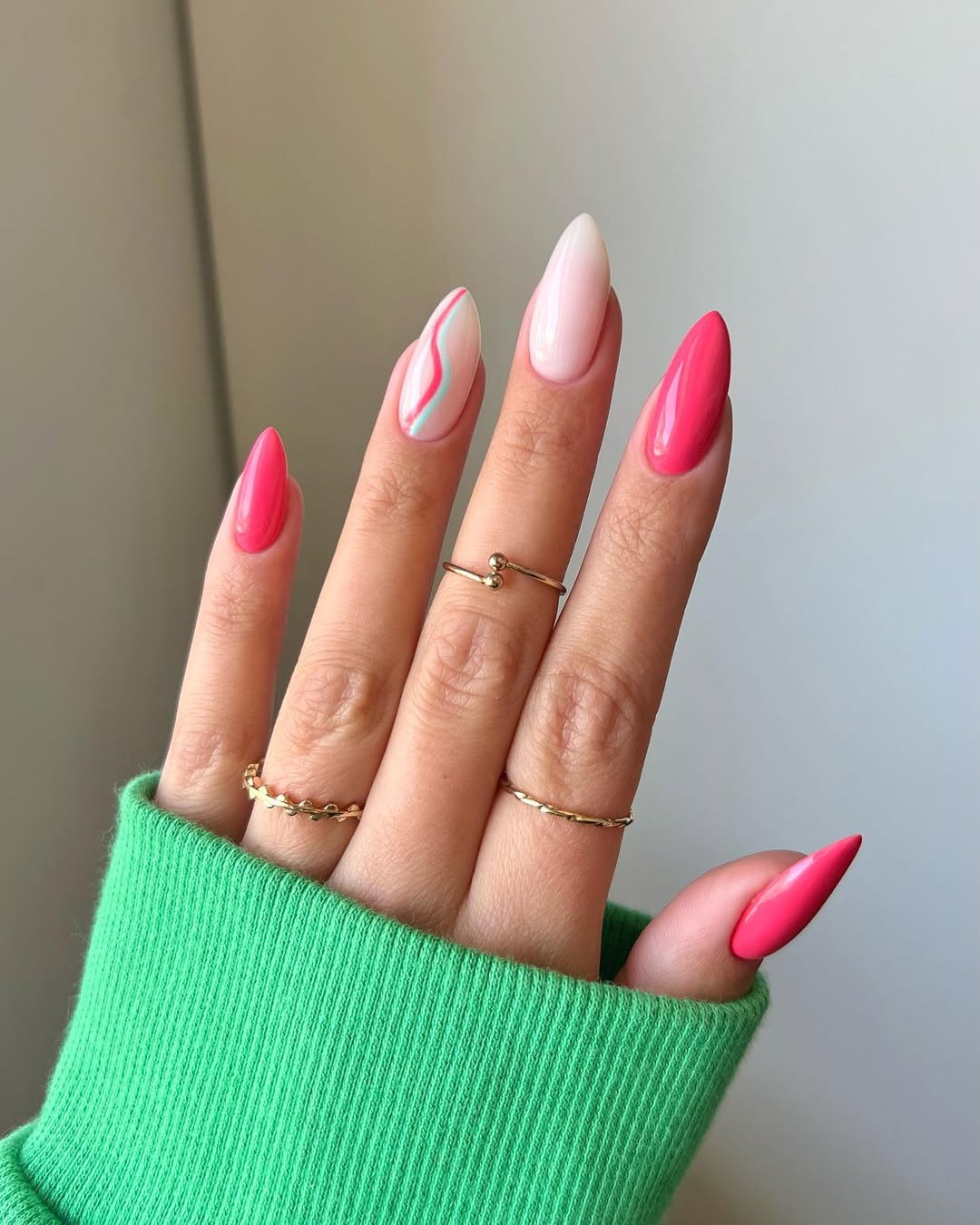 Hot Pink and Pastel Swirl Long Almond Nails