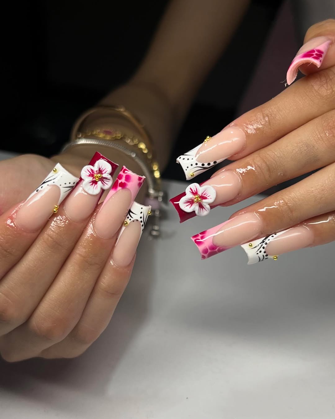 Hot Pink and White 3D Floral Coffin Tips