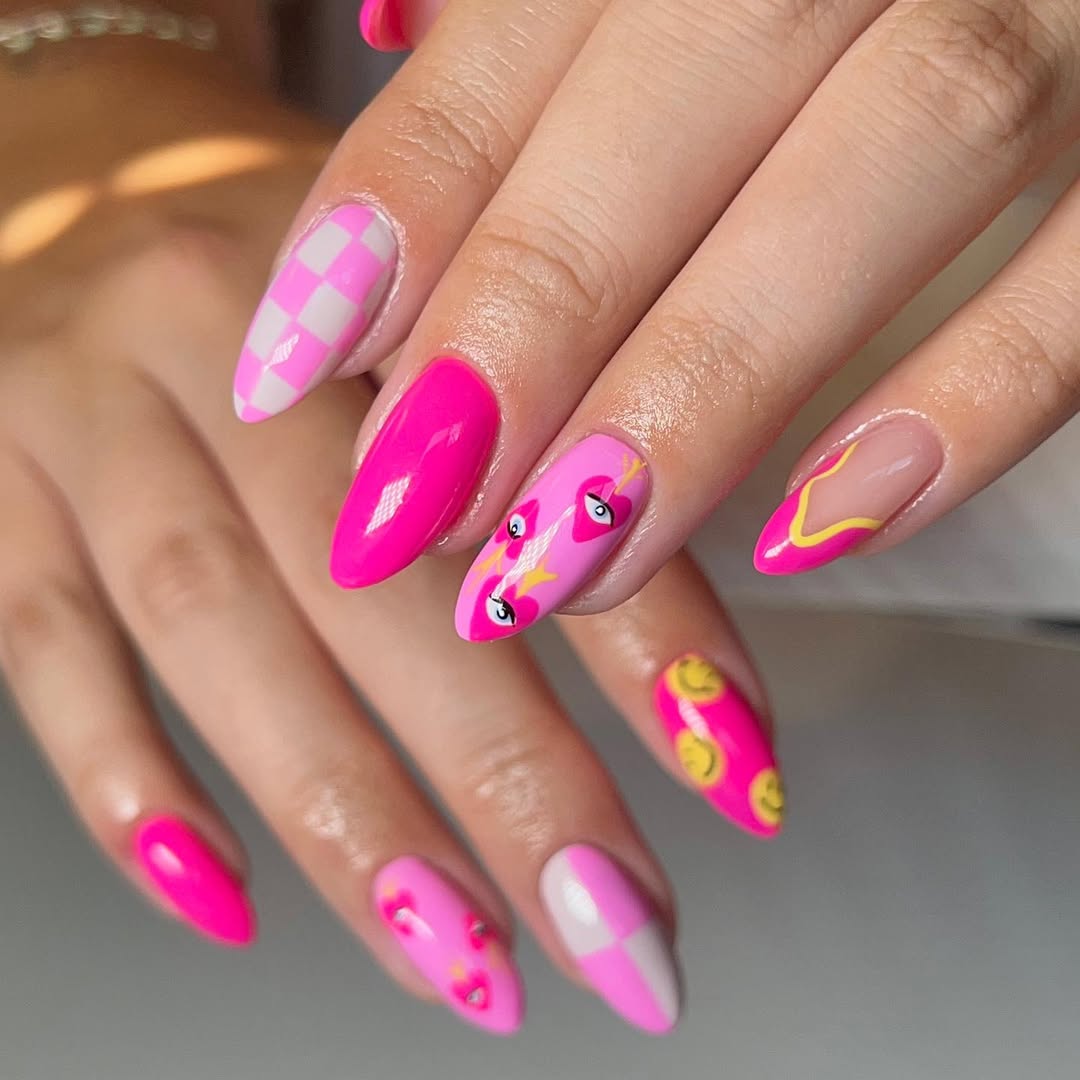 Hot Pink Checkerboard Eye Heart Mix Match Nails