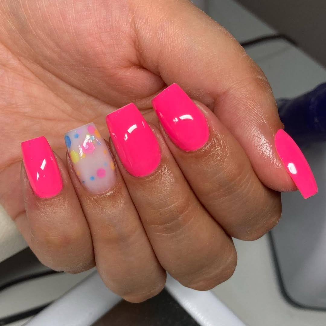 Hot Pink Confetti Accent Long Coffin Nails