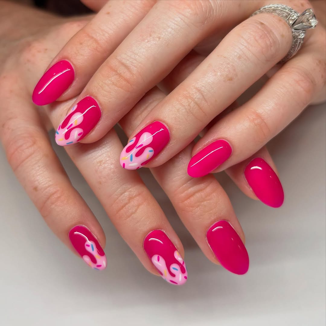 Hot Pink Drippy Icing With Candy Sprinkles Nails
