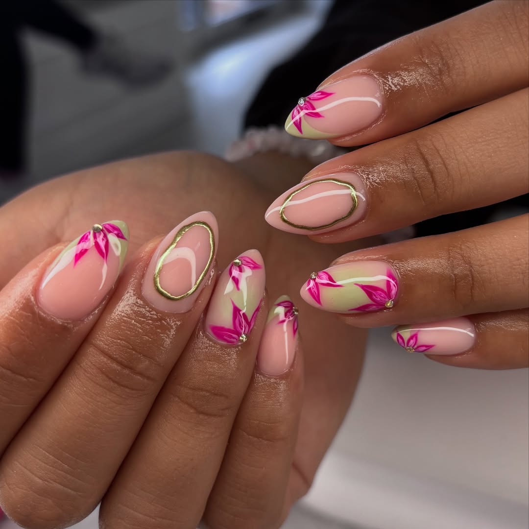 Hot Pink Floral Almond Tips With Gold Accents